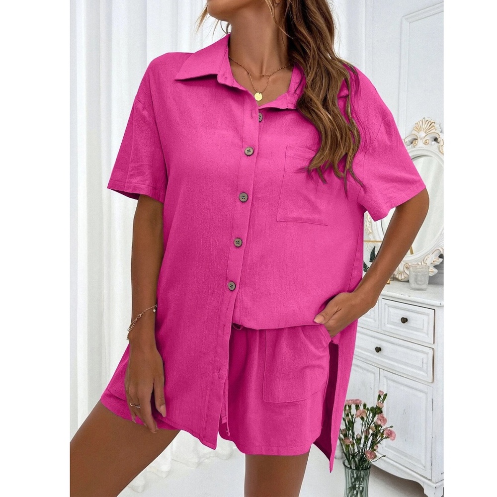 2 Piece Set: Hot Pink Button Up Down Shirt and Shorts - Picture 5 of 7